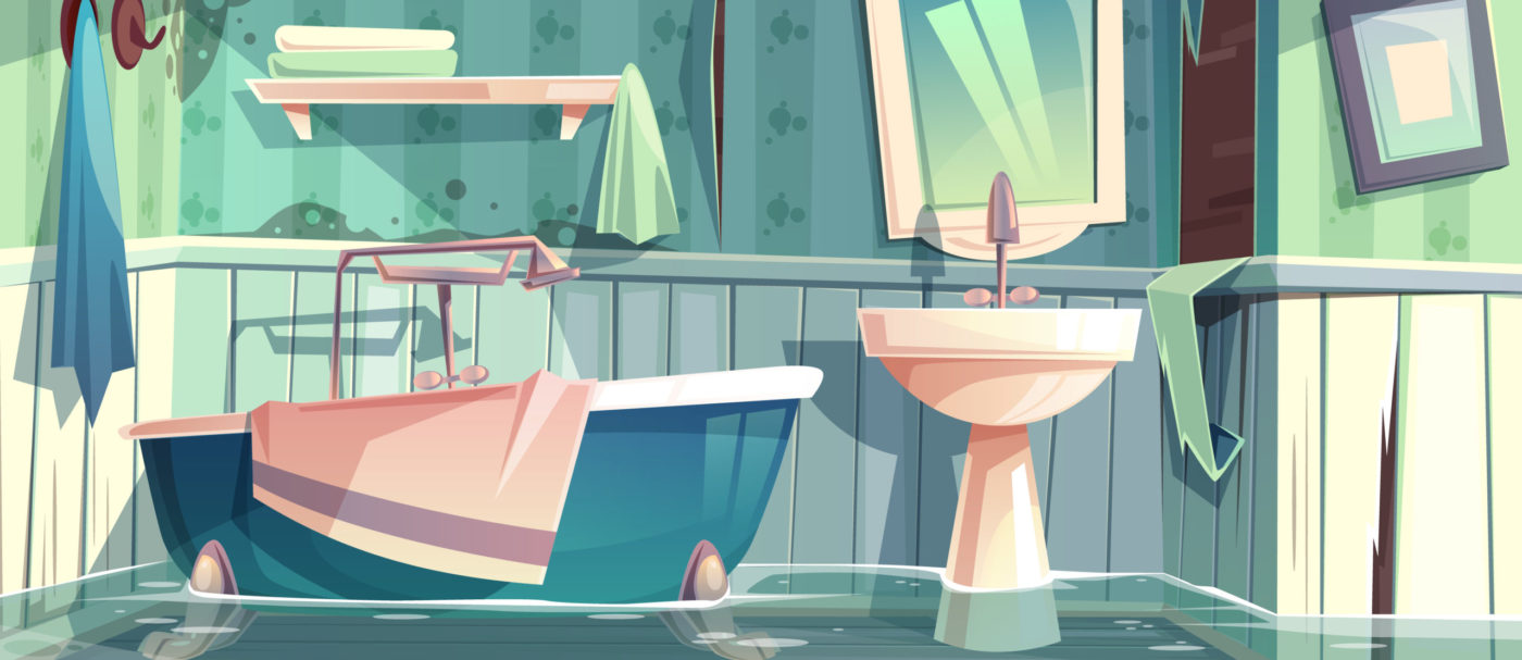 Flooded bathroom in old apartments or house cartoon vector illustration with vintage bathtub, shabby, dirty walls and water on floor. Worn out plumbing in antique home, bad tenant or rental concept